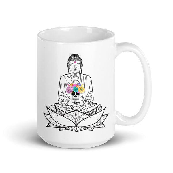 15 oz mug with Meditating Buddha holding a Flower Skull